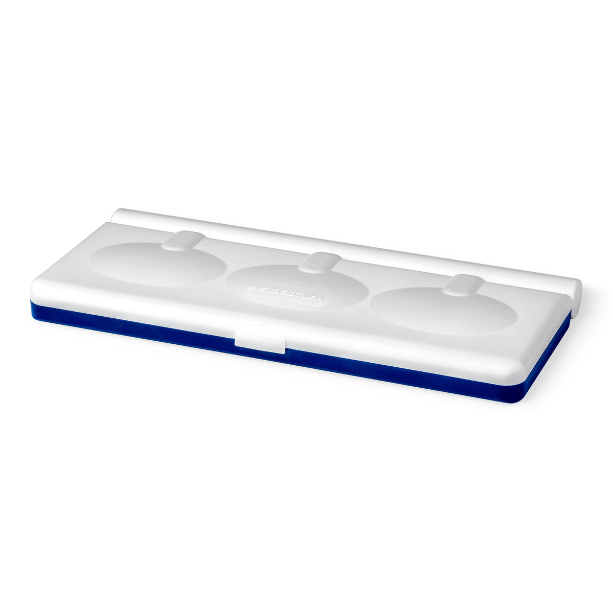 Closed Noris 888 paint box, a white lid on a navy base, viewed at an angle from the front