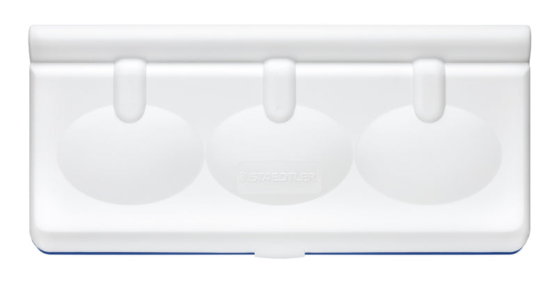 The white lid of the Noris paint box seen from above, three oval mixing wells moulded into the palette
