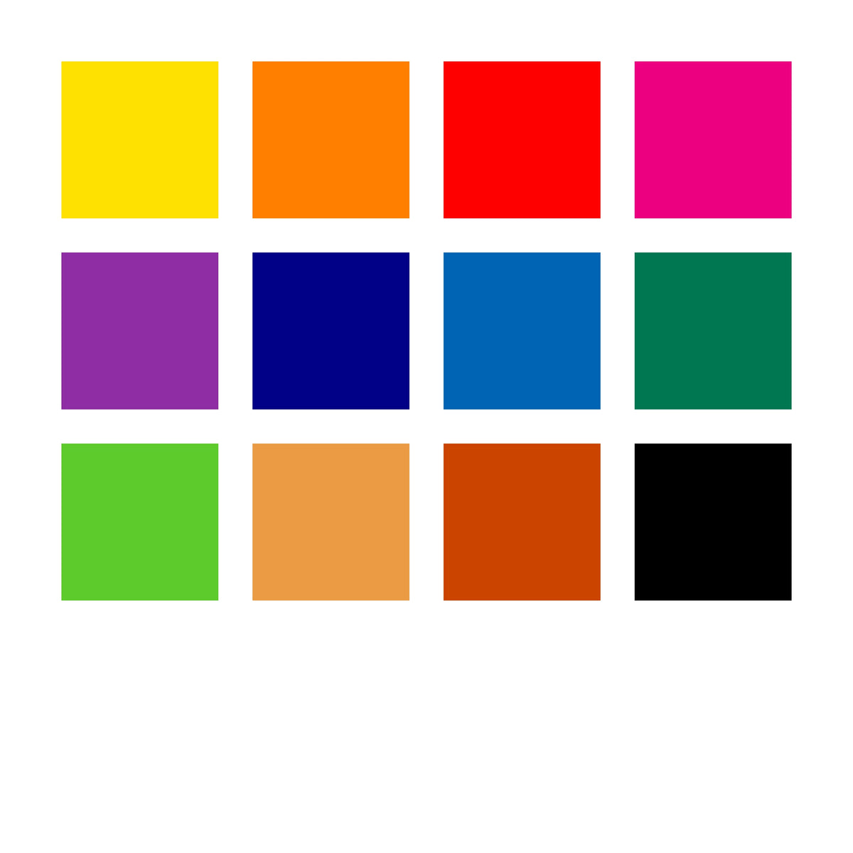Colour chart for the Noris 888 box showing the 12 shades from yellow and orange through pink, violet and blues to greens, brown and black