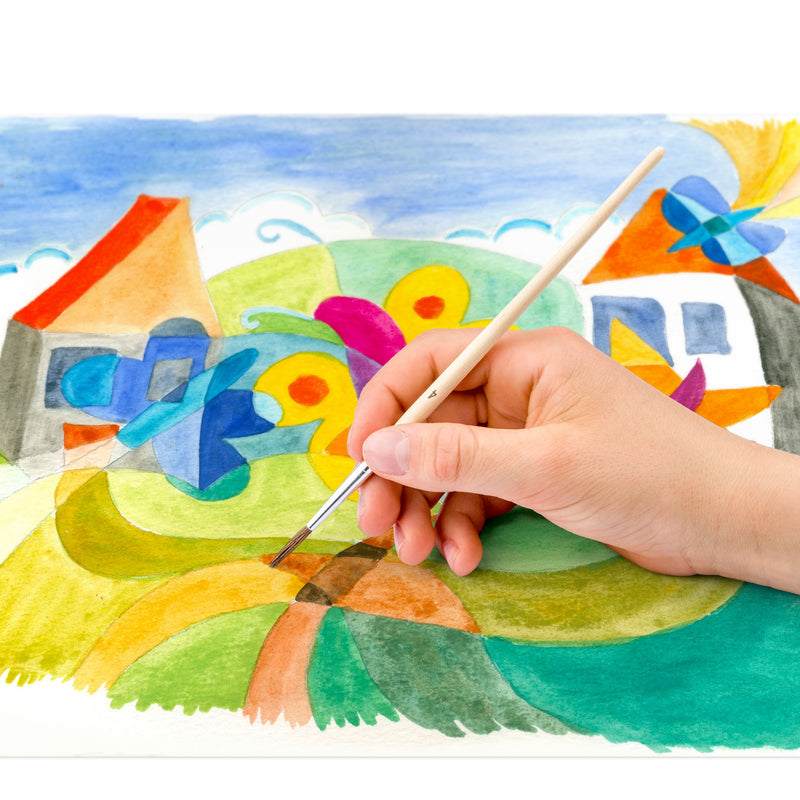 Child painting a bright watercolour scene of a house, flowers and a pinwheel with a fine brush, Staedtler application image