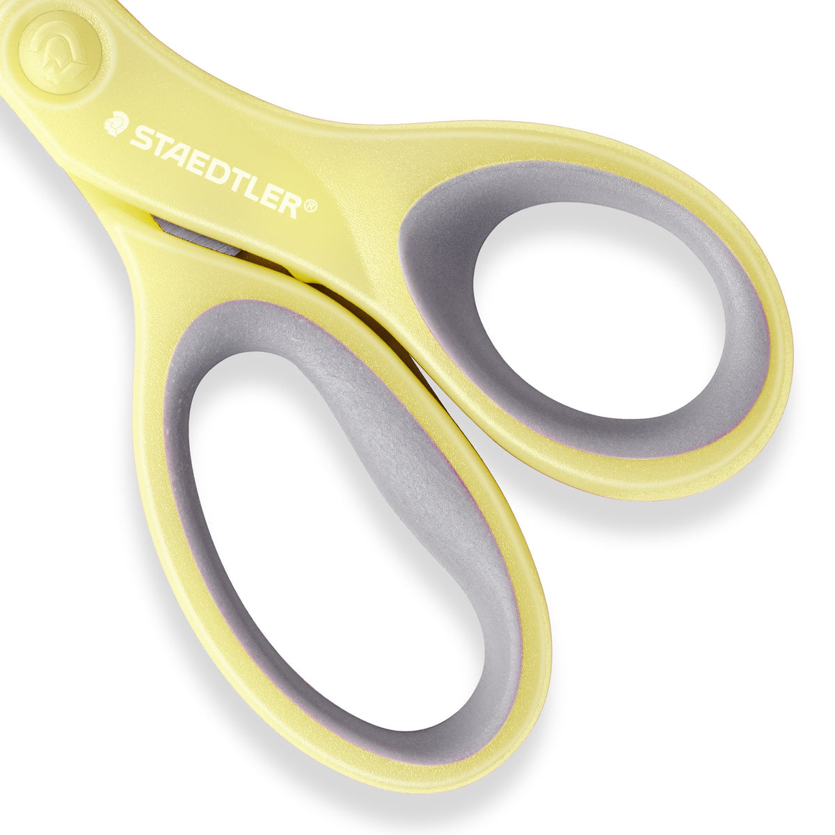 Close-up of the lemon Noris scissors handle with grey soft grip lining and the Staedtler logo