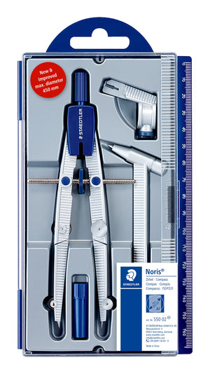 Staedtler Noris metal compass 550 02 in its hanging case with a ruler edge, the compass, extension bar and blue lead box visible through the lid