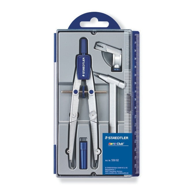 Earlier Staedtler Noris Club case for compass 550 02 showing the compass, extension bar and blue lead box behind a clear lid