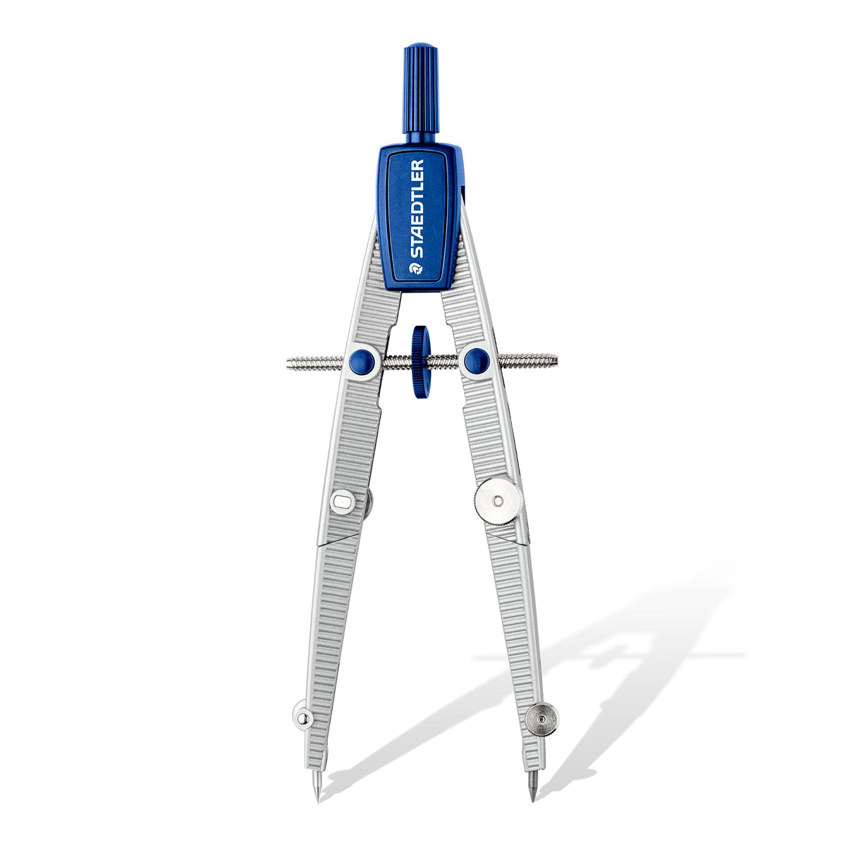 Staedtler Noris metal compass standing open with blue head, silver ribbed legs and the centre wheel spindle between them