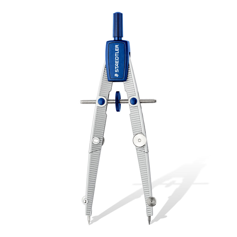 Staedtler Noris metal compass standing open with blue head, silver ribbed legs and the centre wheel spindle between them