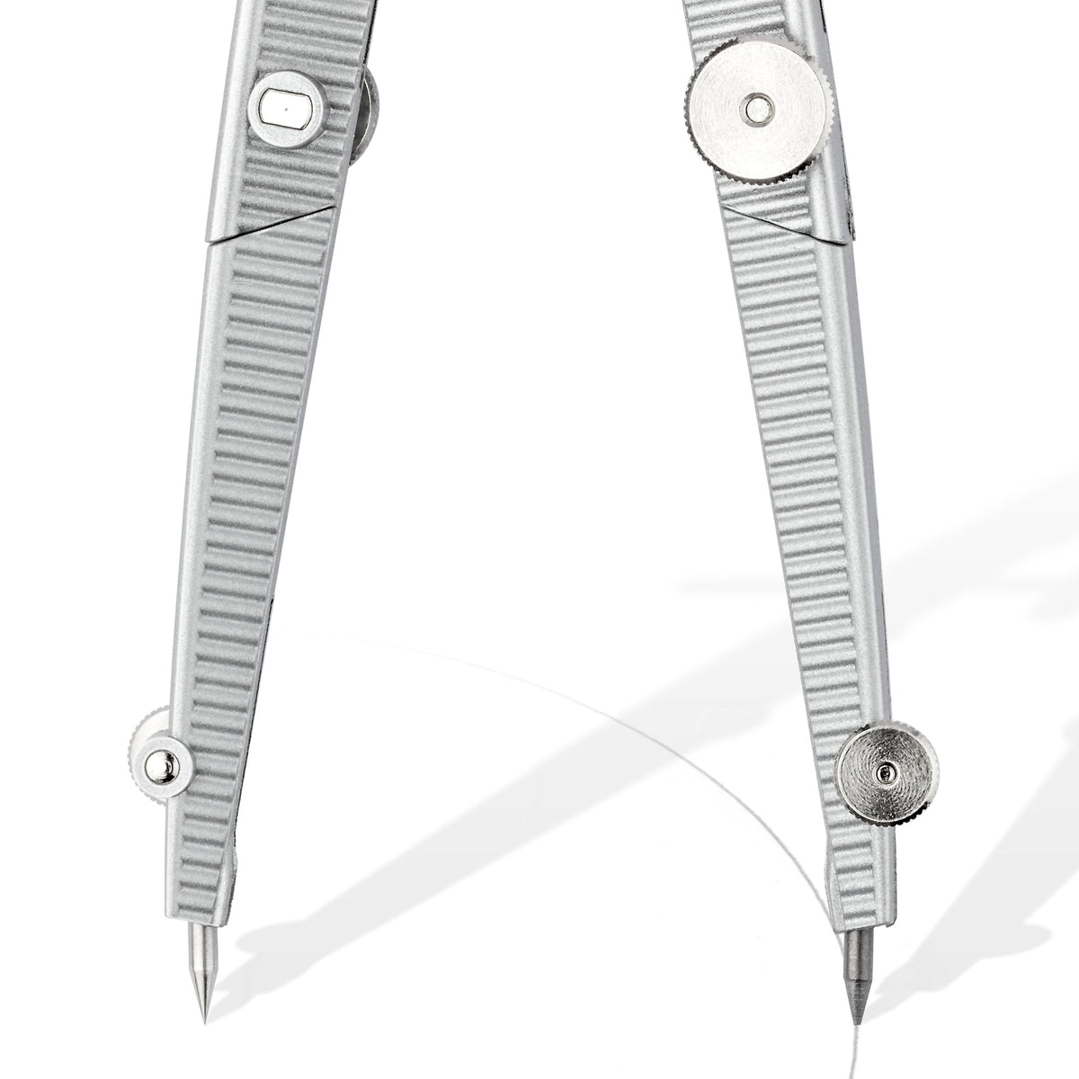 Close-up of the Staedtler compass knee joints with the needle point on one leg and the lead point on the other