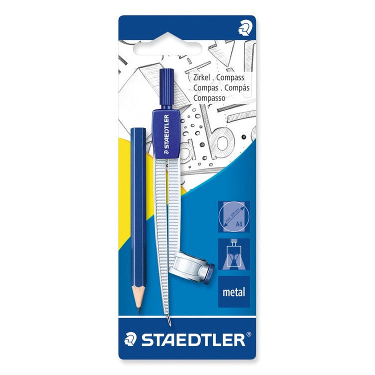 Staedtler Noris 550 55 BK blistercard holding a school compass with blue head, a short blue pencil and an adapter clamp on the leg