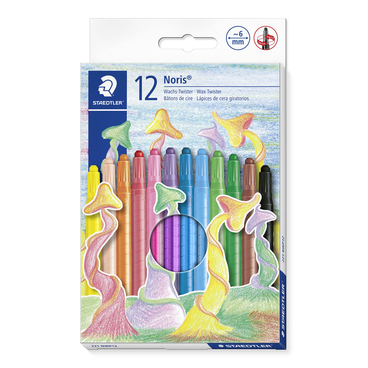 Staedtler Noris 221 cardboard box of 12 wax twisters, a fan of coloured twisters over a drawing of mushroom shapes, with 6 mm and twist icons top right