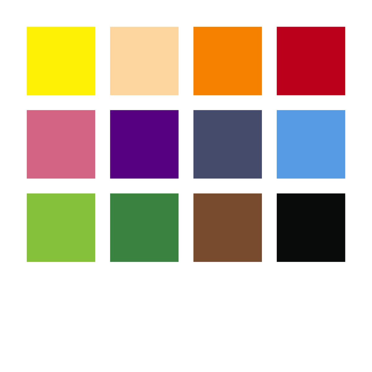 Staedtler colour chart for the 221 NWP12 set, twelve square swatches from yellow and peach through blues and greens to brown and black