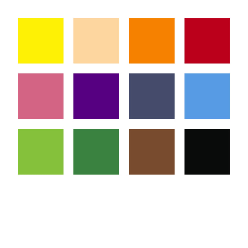 Staedtler colour chart for the 221 NWP12 set, twelve square swatches from yellow and peach through blues and greens to brown and black