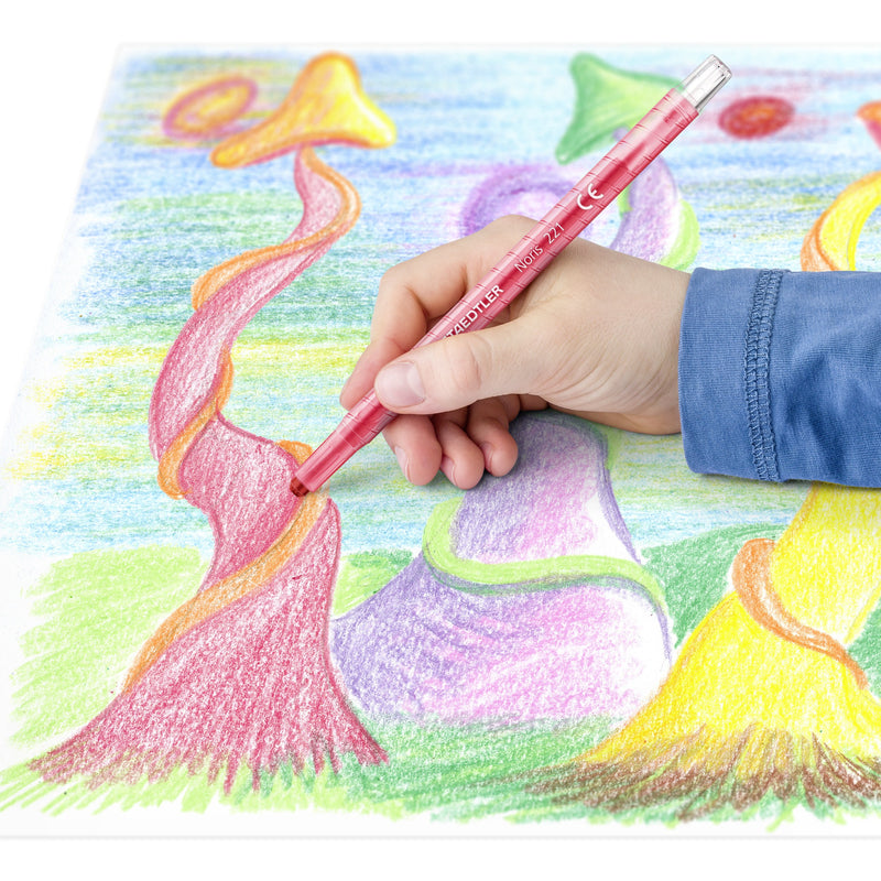 Child colouring a fantasy landscape of trees and hills with a red Noris wax twister