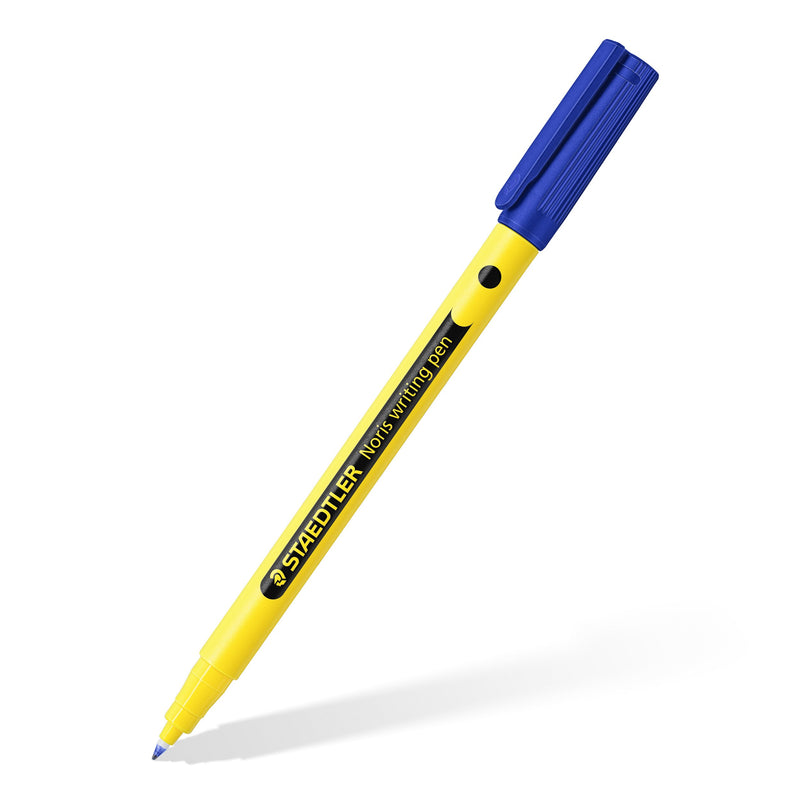 Noris writing pen shown at an angle with its cap posted, yellow barrel, pictured with a blue cap