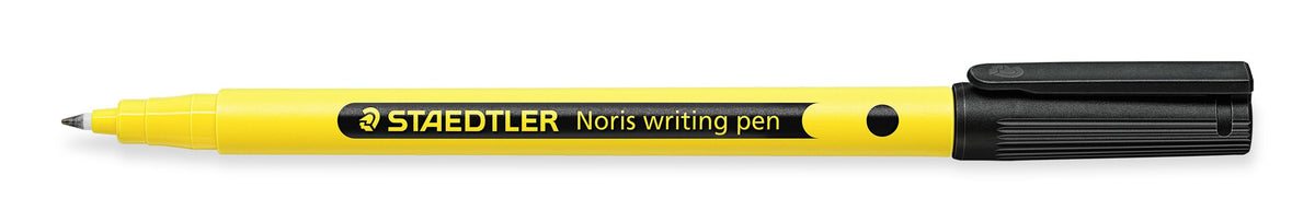 Black capped Staedtler Noris writing pen with the cap removed, yellow barrel and fine plastic tip