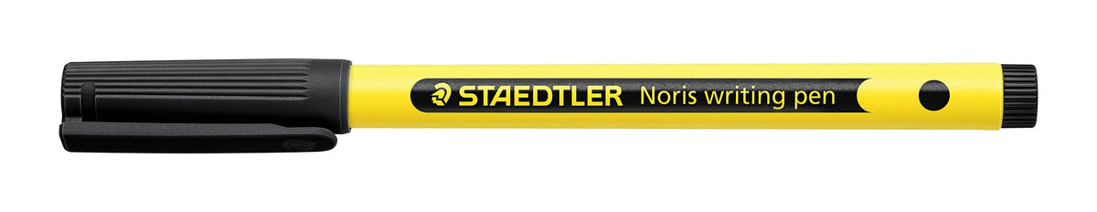 Staedtler Noris writing pen with a black cap lying flat, yellow barrel with a black band printed STAEDTLER Noris writing pen