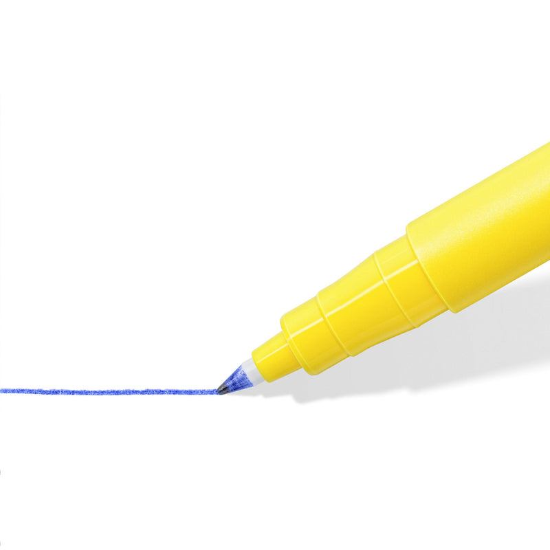 Close-up of the Noris writing pen plastic tip drawing a fine line, pictured in blue