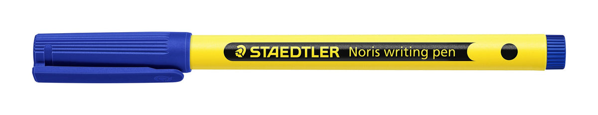 Staedtler Noris writing pen with a blue cap lying flat, yellow barrel with a black band printed STAEDTLER Noris writing pen