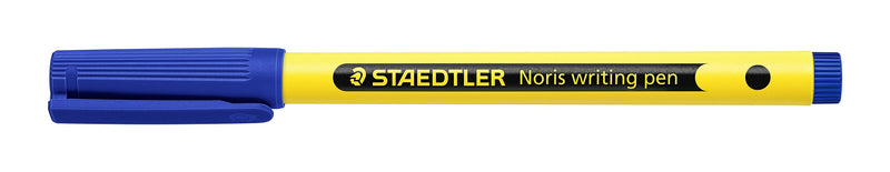 Staedtler Noris writing pen with a blue cap lying flat, yellow barrel with a black band printed STAEDTLER Noris writing pen