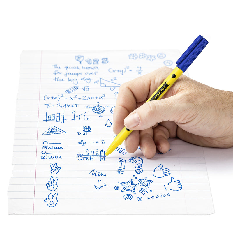 Hand writing maths notes and doodles on lined paper with a Noris writing pen
