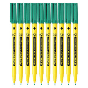 Ten Staedtler Noris writing pens in a row, yellow barrels with green caps and black STAEDTLER Noris writing pen bands