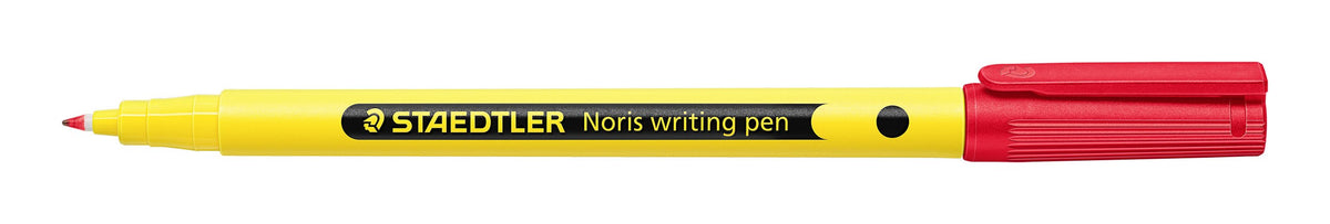 Red capped Staedtler Noris writing pen with the cap removed, yellow barrel and fine plastic tip
