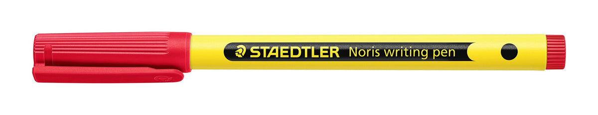 Staedtler Noris writing pen with a red cap lying flat, yellow barrel with a black band printed STAEDTLER Noris writing pen