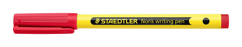 Staedtler Noris writing pen with a red cap lying flat, yellow barrel with a black band printed STAEDTLER Noris writing pen