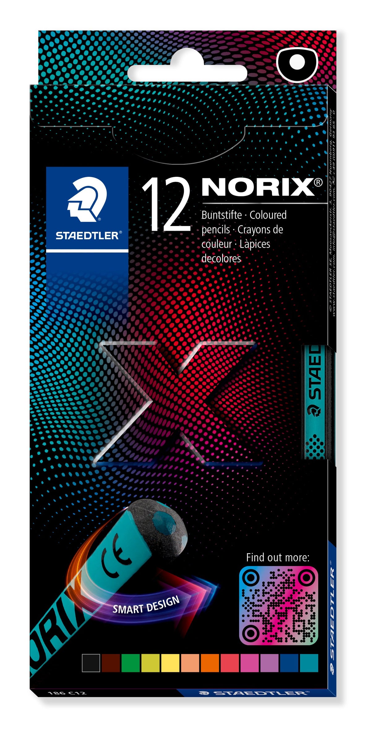 Staedtler NORIX box of 12 coloured pencils: black box with a red and blue X graphic, Smart Design badge and a colour strip along the bottom