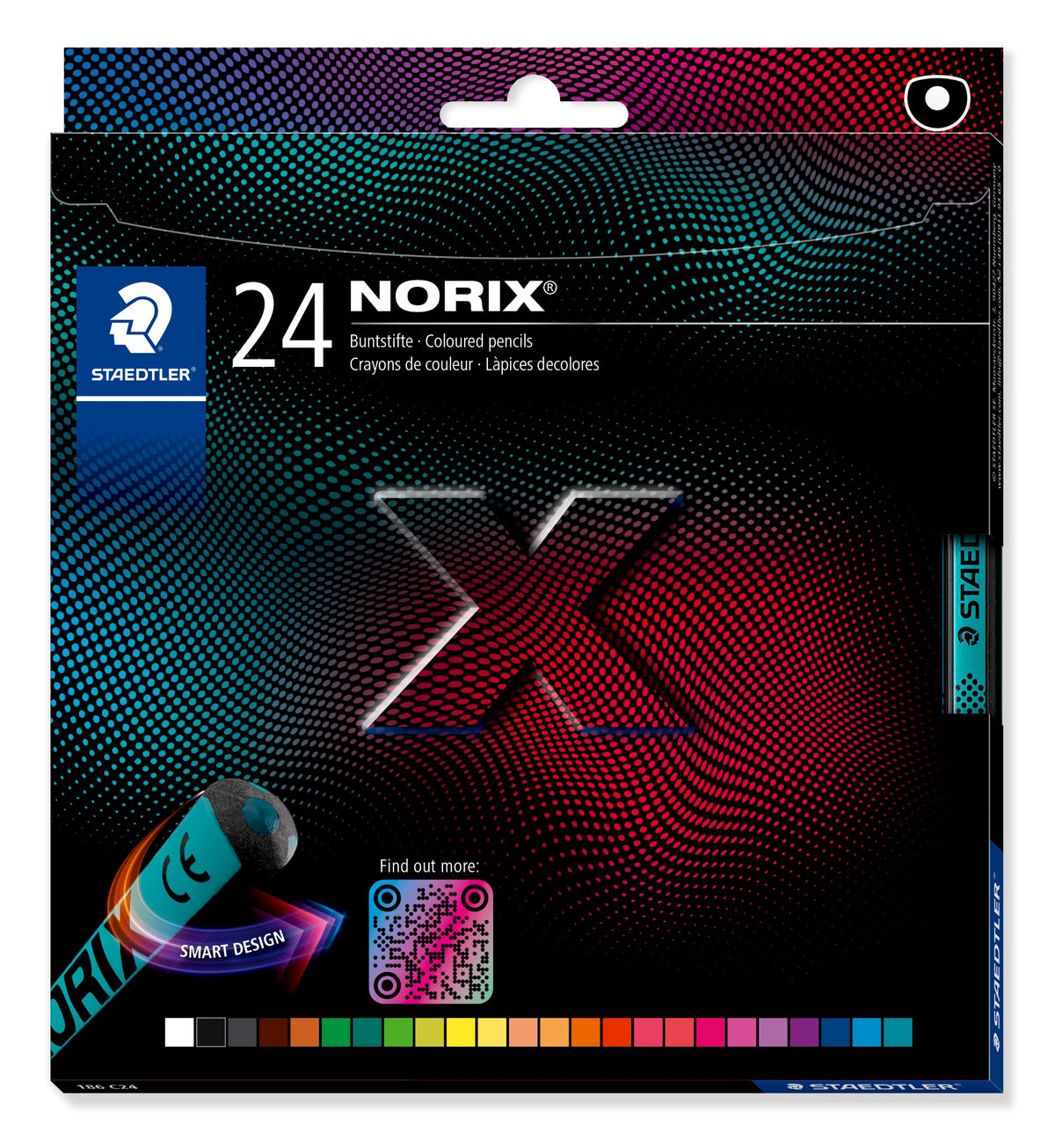 Staedtler NORIX box of 24 coloured pencils, square black box with the X graphic, Smart Design badge and a strip of 24 colour chips