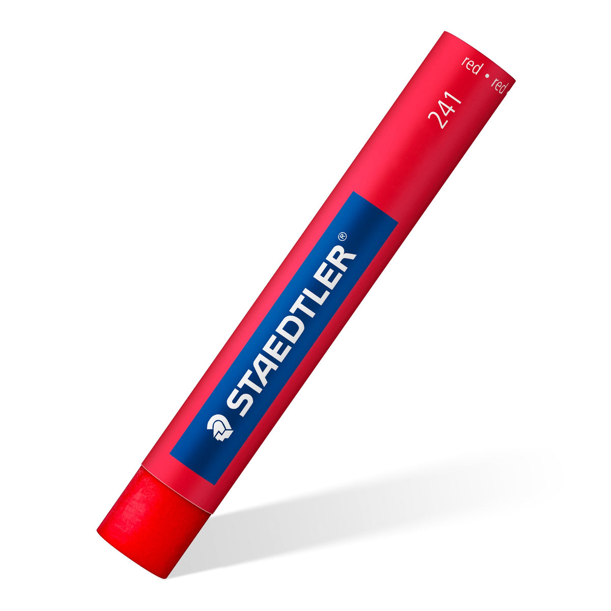 Single red Staedtler 241 oil pastel on an angle in its blue and red paper wrapper