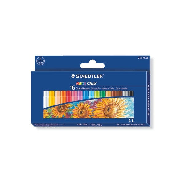 Box of 16 Staedtler Noris Club 241 oil pastels, blue carton showing sixteen colours over a sunflower artwork