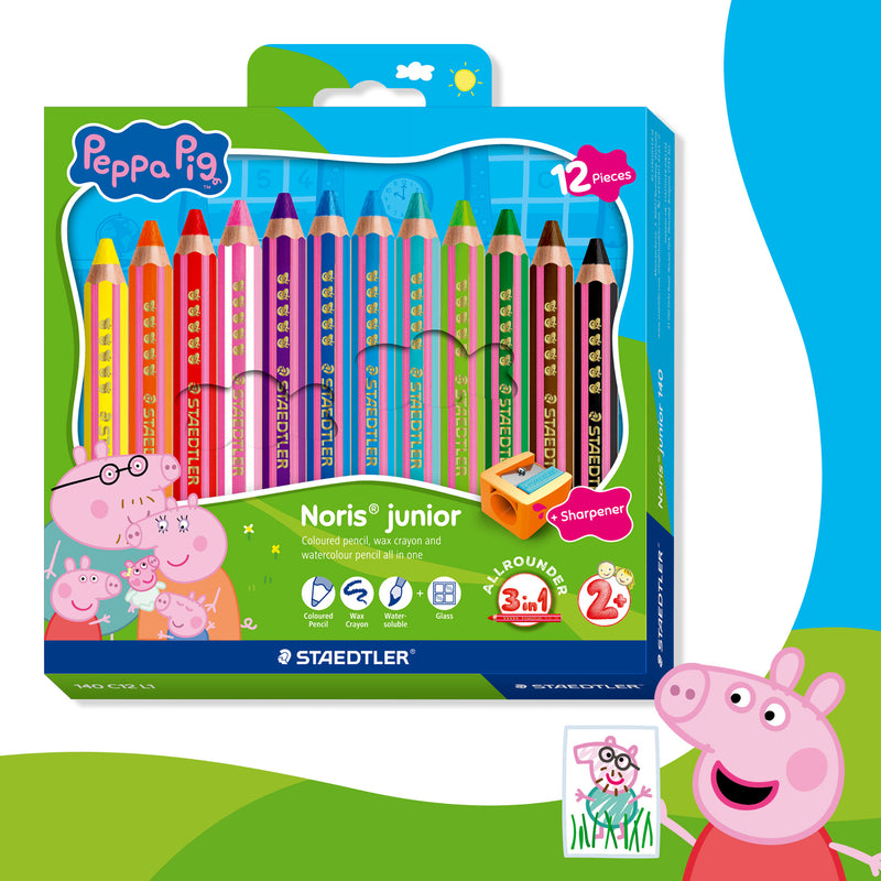Front of the Staedtler Noris Junior Peppa Pig 3-in-1 Colouring Pencils Pack of 12 cardboard pack in bright Peppa Pig design, showing 12 jumbo pencils and a sharpener on a white background