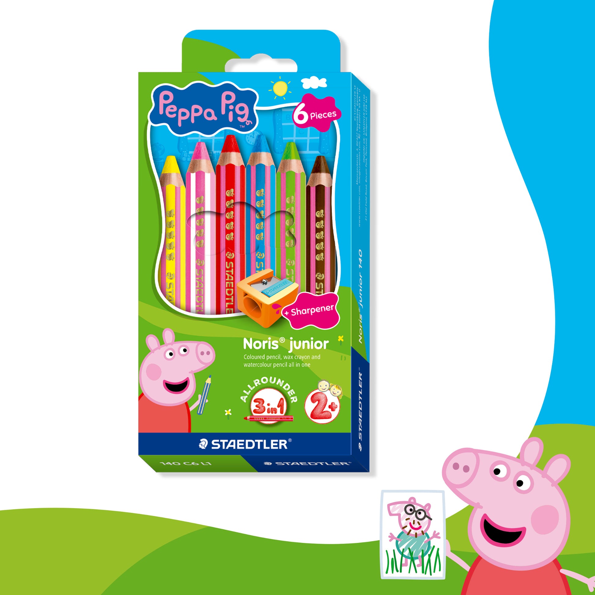 Front of the Staedtler Noris Junior Peppa Pig 3-in-1 Colouring Pencils Pack of 6 cardboard pack in bright Peppa Pig design, showing 6 jumbo pencils and a sharpener on a white background