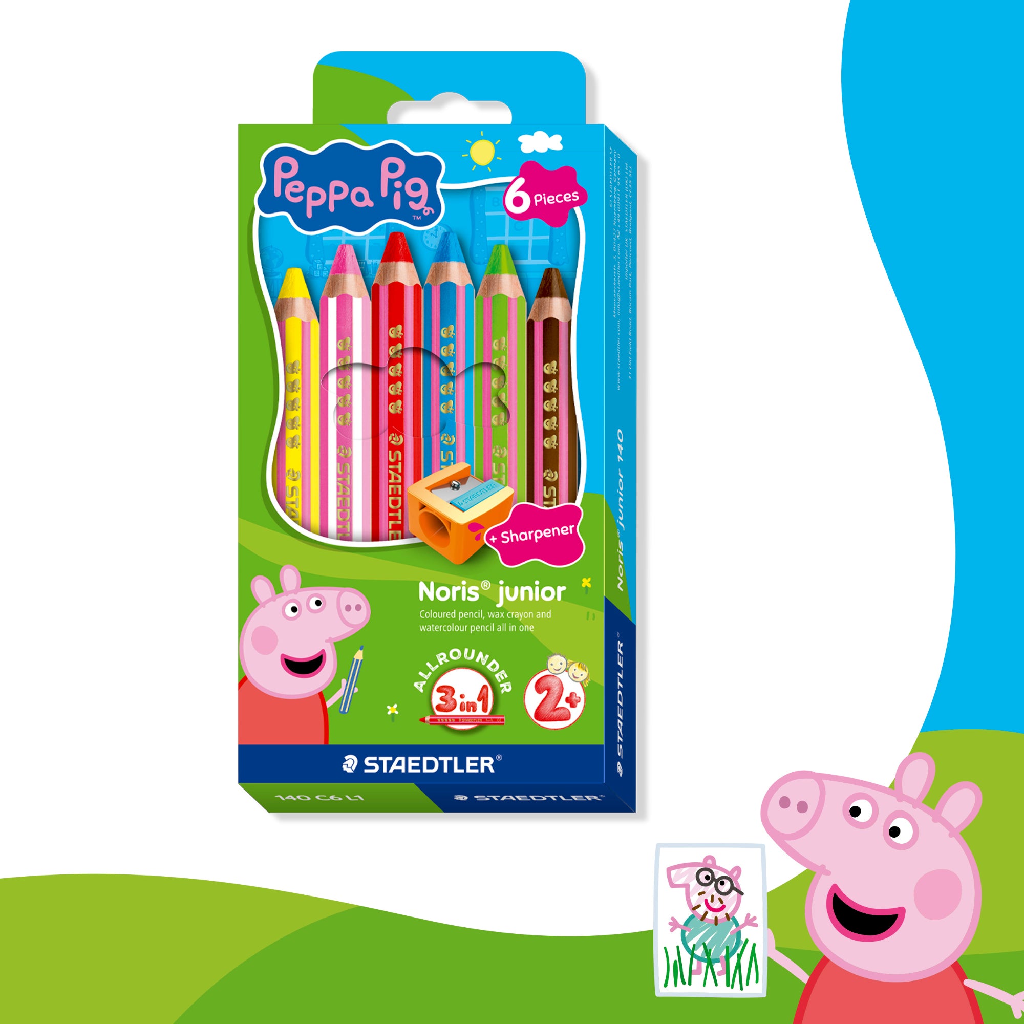 Front of the Staedtler Noris Junior Peppa Pig 3-in-1 Colouring Pencils Pack of 6 cardboard pack in bright Peppa Pig design, showing 6 jumbo pencils and a sharpener on a white background