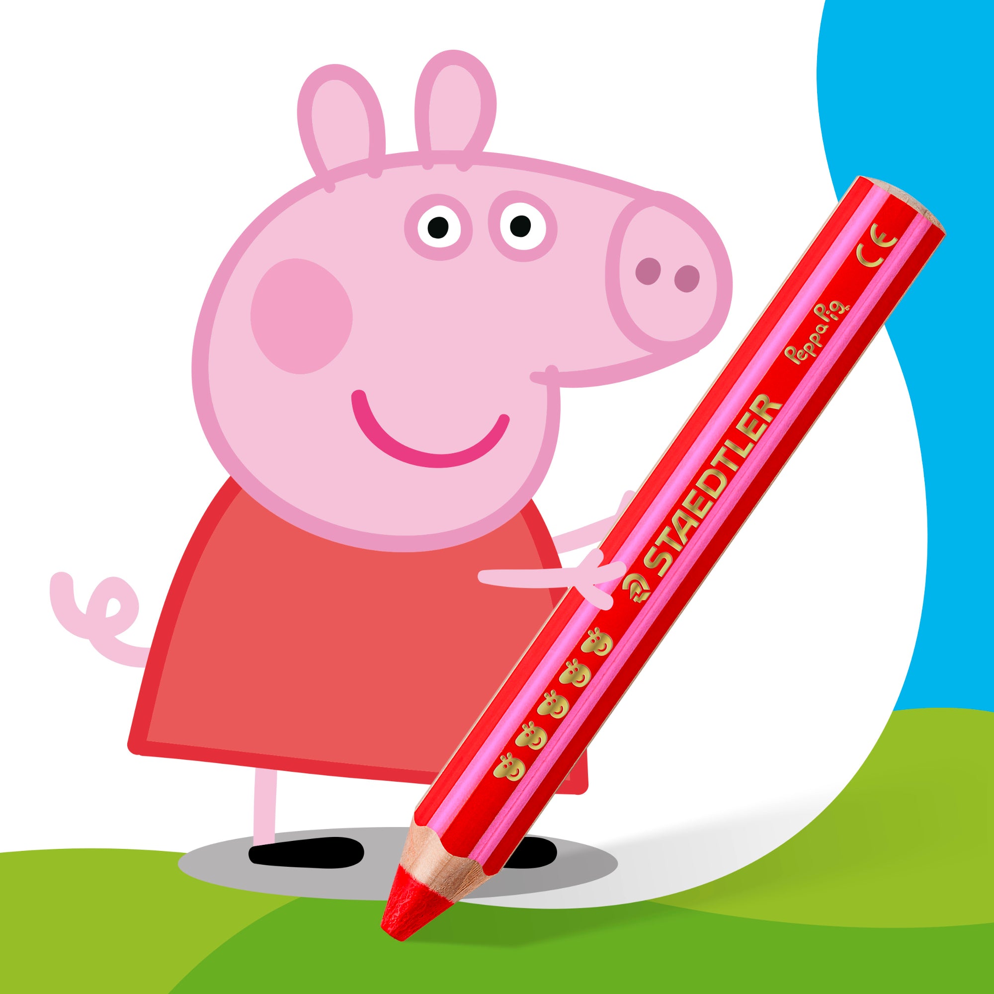 Single Staedtler Noris Junior Peppa Pig 3-in-1 colouring pencils shown out of the pack in Peppa Pig design against a white background