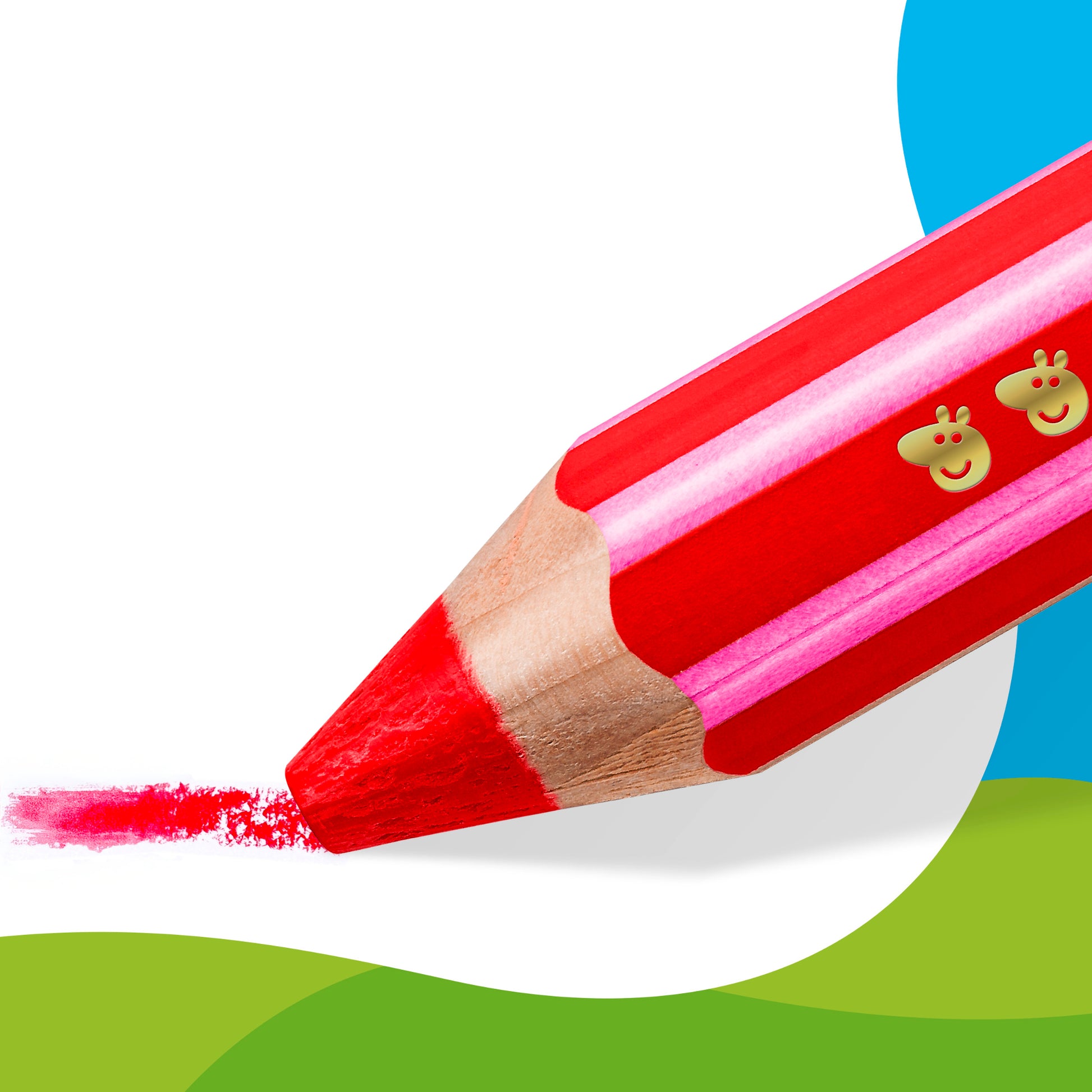 Close-up detail of the Staedtler Noris Junior Peppa Pig 3-in-1 colouring pencils showing the tip and Peppa Pig print