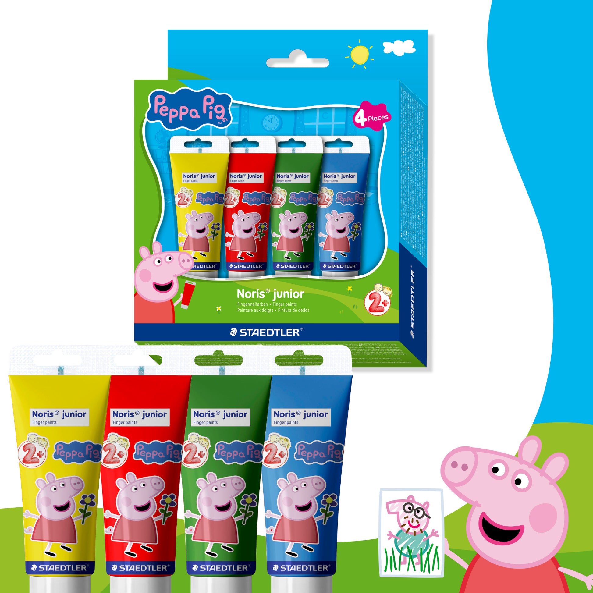 Front of the Staedtler Noris Junior Peppa Pig Finger Paints 75ml Pack of 4 cardboard pack in bright Peppa Pig design, showing four 75ml finger paint tubes on a white background