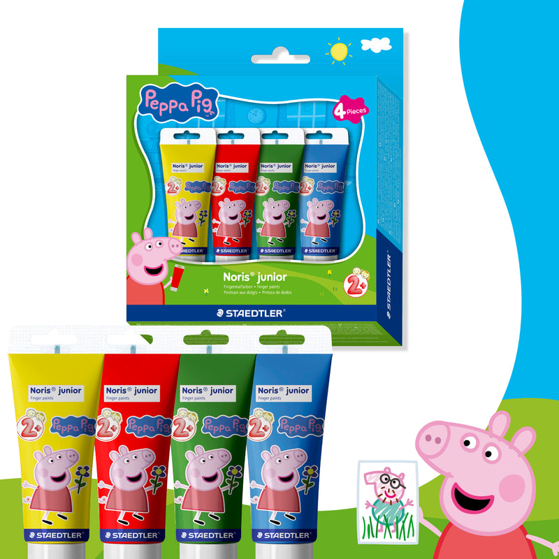 Front of the Staedtler Noris Junior Peppa Pig Finger Paints 75ml Pack of 4 cardboard pack in bright Peppa Pig design, showing four 75ml finger paint tubes on a white background