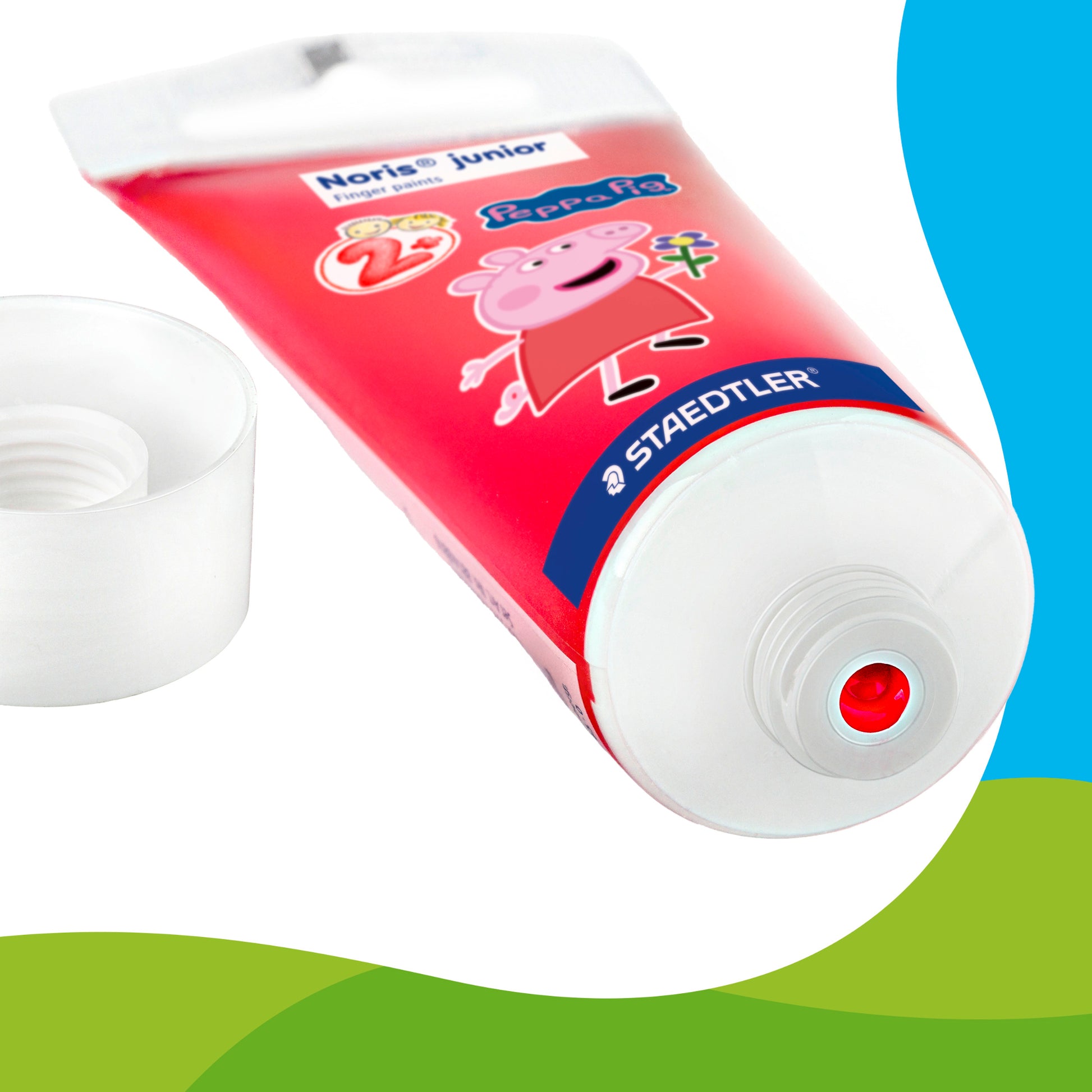 Close-up detail of the Staedtler Noris Junior Peppa Pig finger paints 75ml showing the tube and Peppa Pig print
