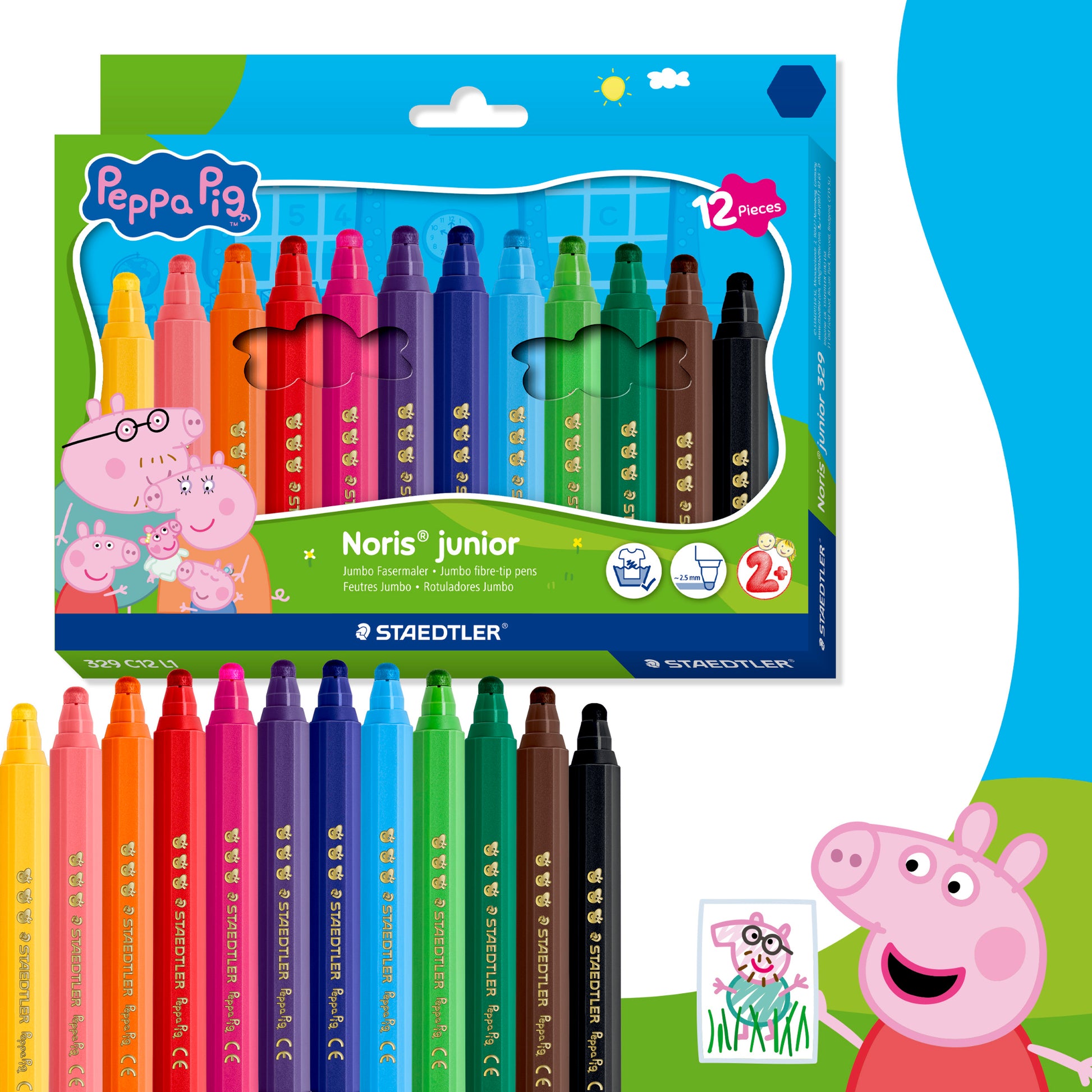 Front of the Staedtler Noris Junior Peppa Pig Jumbo Fibre Tip Pens Pack of 12 cardboard pack in bright Peppa Pig design, showing 12 jumbo fibre-tip pens on a white background