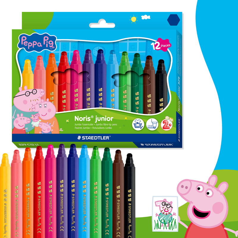 Front of the Staedtler Noris Junior Peppa Pig Jumbo Fibre Tip Pens Pack of 12 cardboard pack in bright Peppa Pig design, showing 12 jumbo fibre-tip pens on a white background
