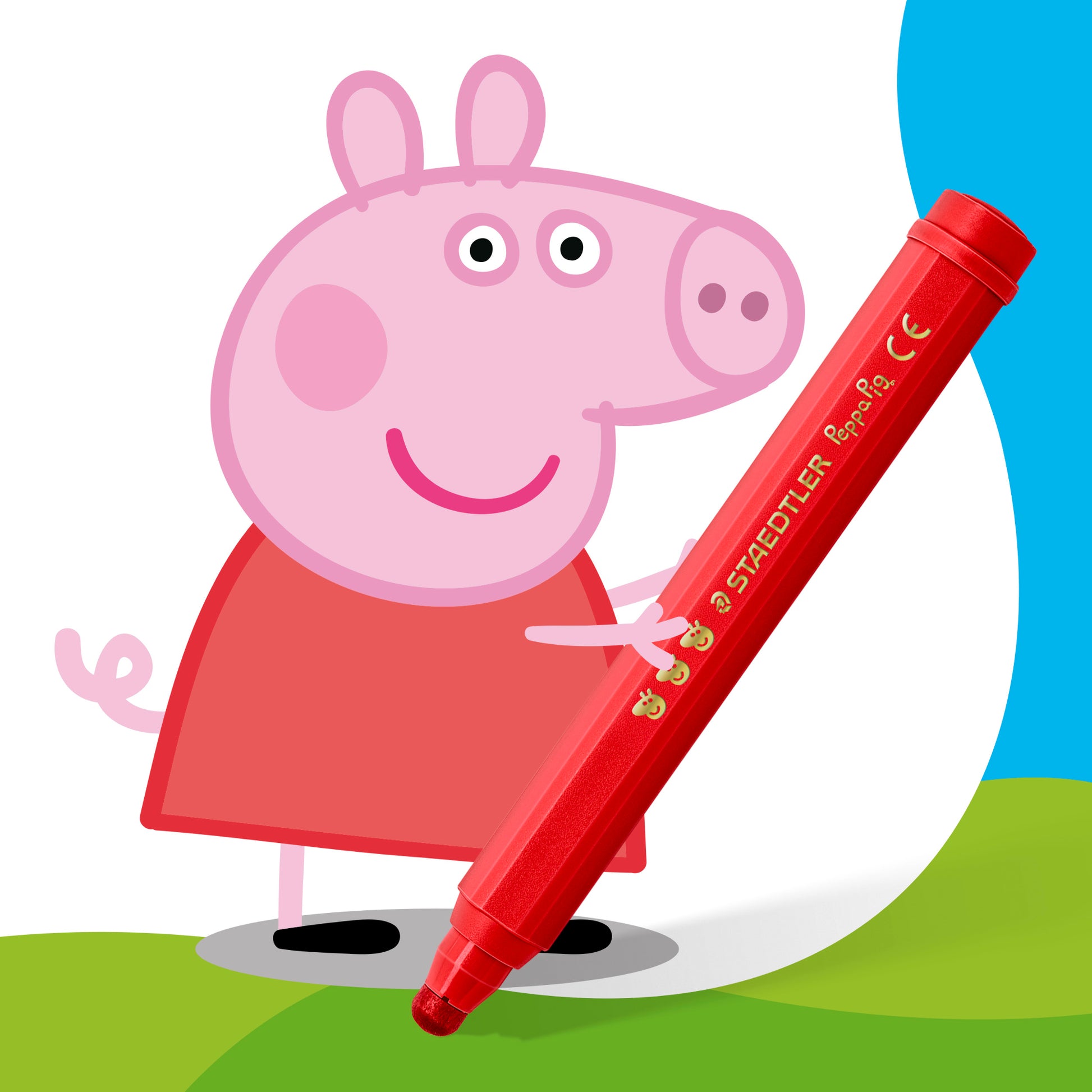 Single Staedtler Noris Junior Peppa Pig jumbo fibre tip pens shown out of the pack in Peppa Pig design against a white background