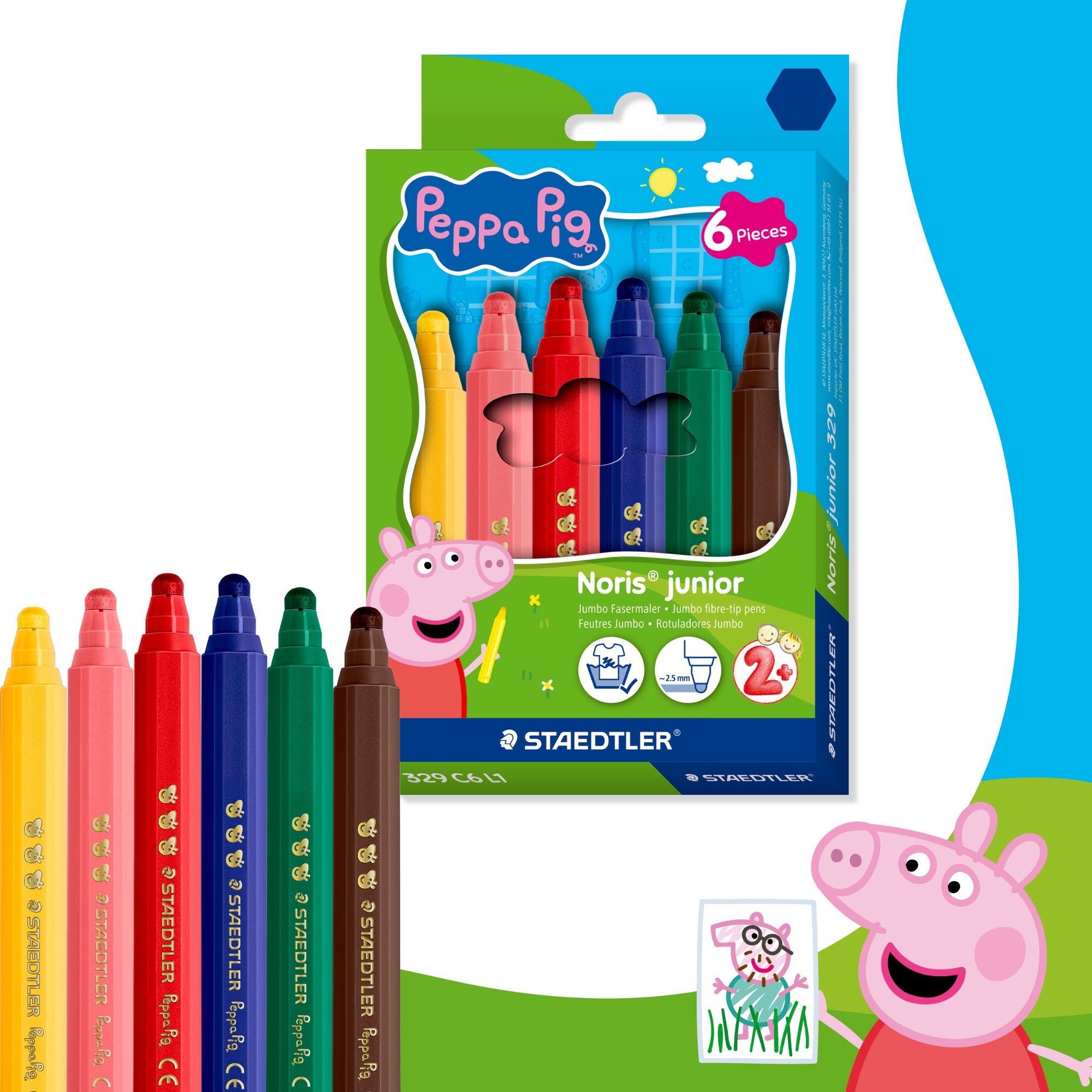Front of the Staedtler Noris Junior Peppa Pig Jumbo Fibre Tip Pens Pack of 6 cardboard pack in bright Peppa Pig design, showing 6 jumbo fibre-tip pens on a white background