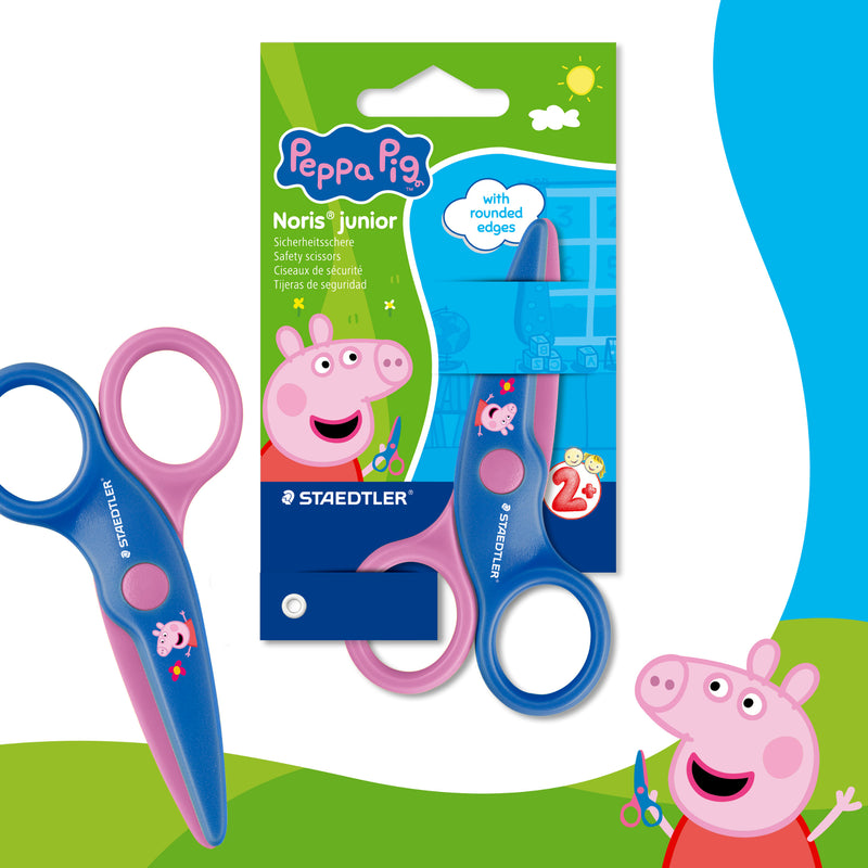 Front blistercard of the Staedtler Noris Junior Peppa Pig safety scissors in bright Peppa Pig design, showing a single pair of rounded kids safety scissors on a white background