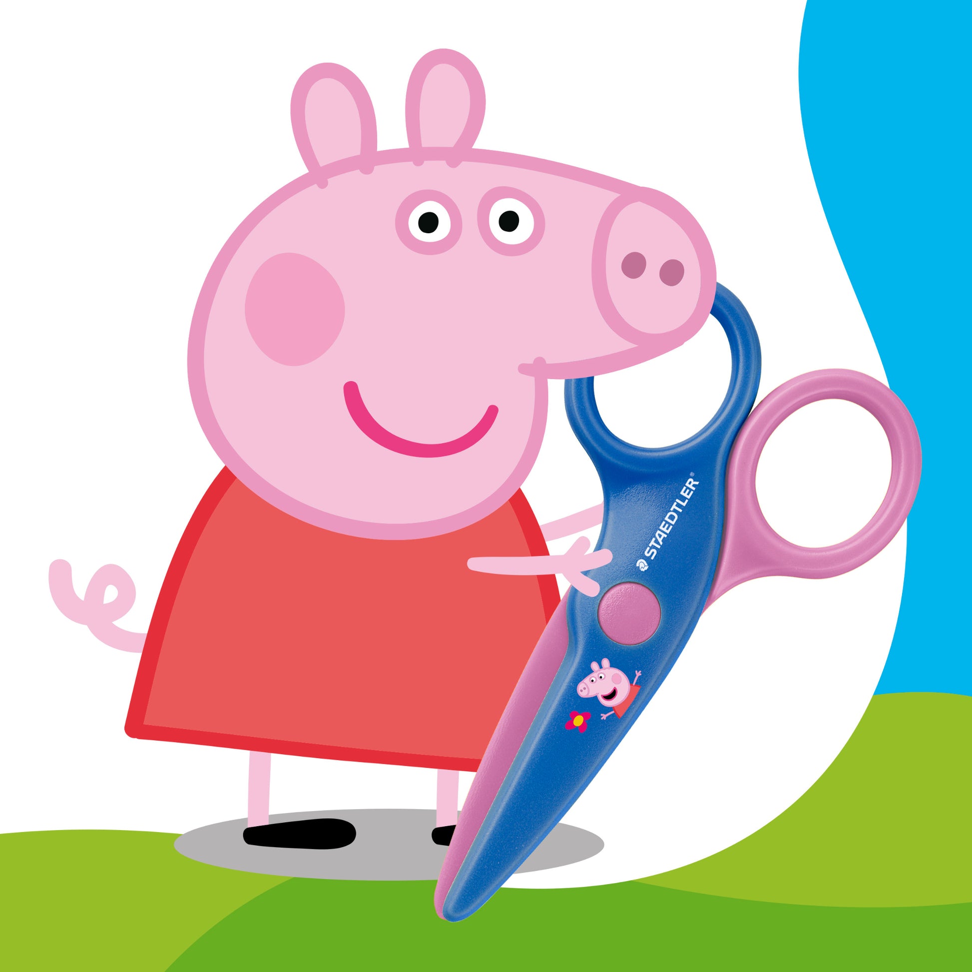 Single Staedtler Noris Junior Peppa Pig kids safety scissors shown out of the pack in Peppa Pig design against a white background