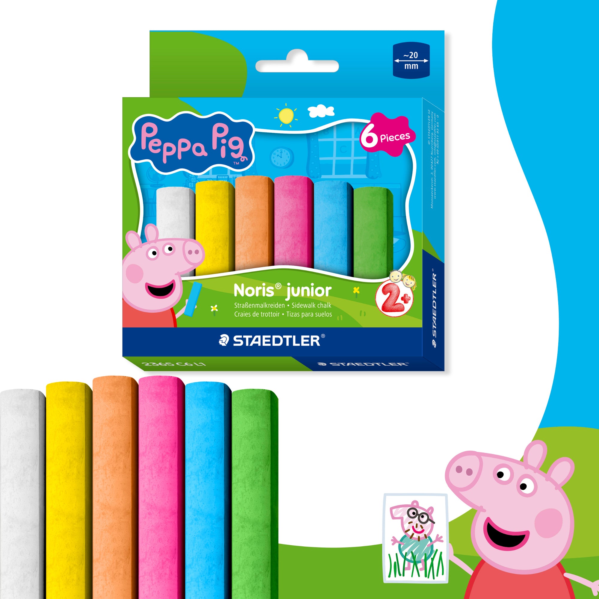 Front of the Staedtler Noris Junior Peppa Pig Sidewalk Chalk Pack of 6 cardboard pack in bright Peppa Pig design, showing 6 jumbo sidewalk chalks on a white background
