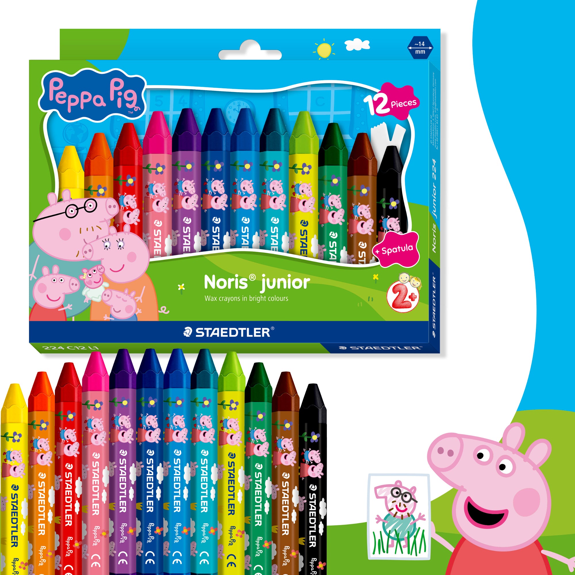 Front of the Staedtler Noris Junior Peppa Pig Wax Crayons Pack of 12 cardboard pack in bright Peppa Pig design, showing 12 wax crayons and a spatula on a white background