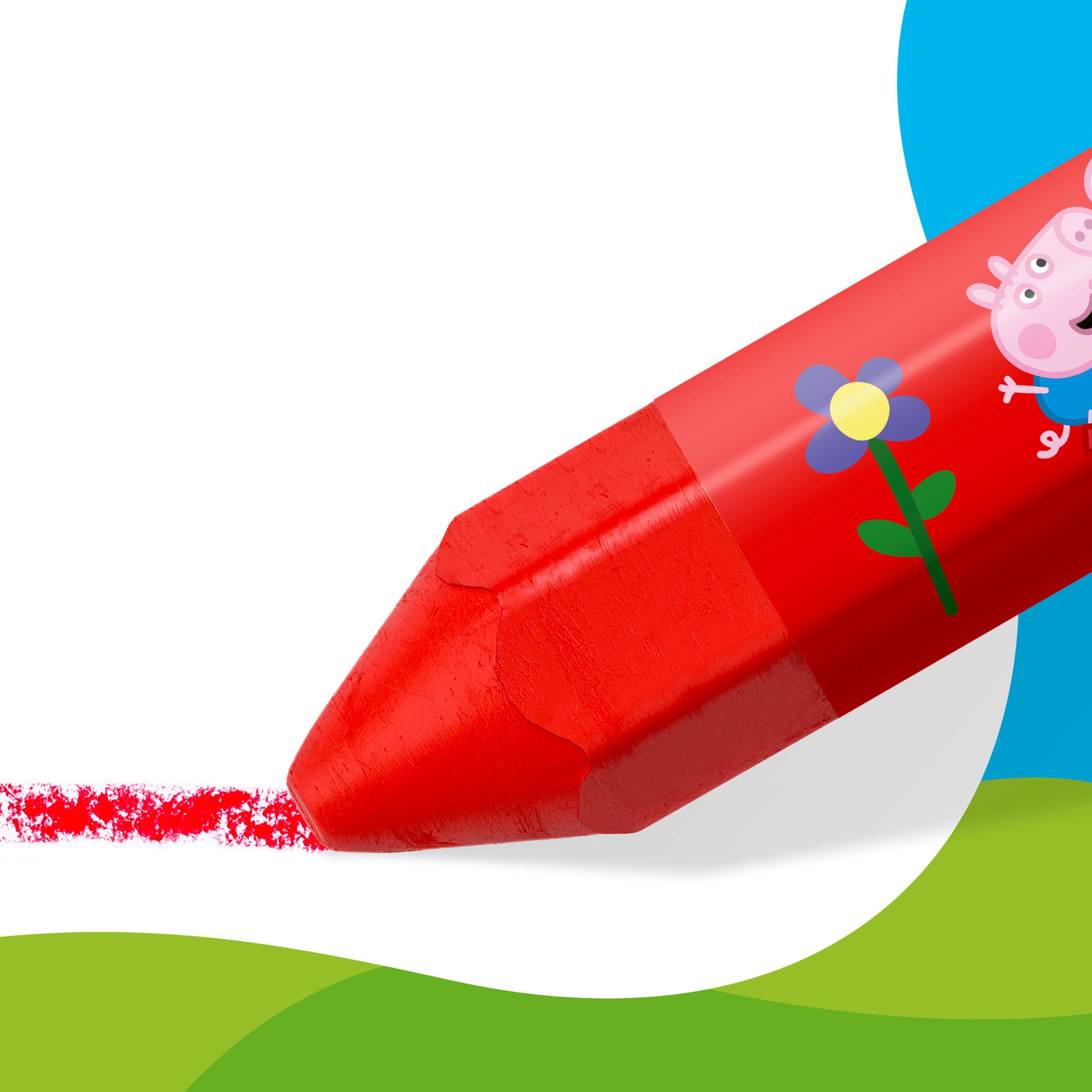 Close-up detail of the Staedtler Noris Junior Peppa Pig wax crayons showing the tip and Peppa Pig print