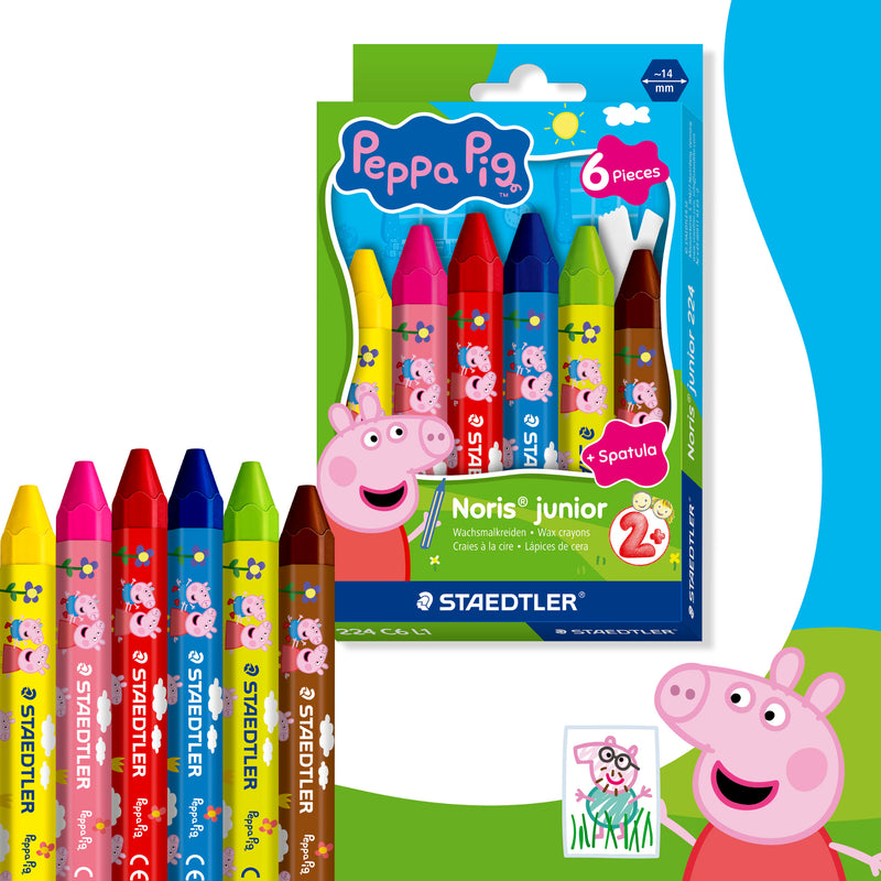 Front of the Staedtler Noris Junior Peppa Pig Wax Crayons Pack of 6 cardboard pack in bright Peppa Pig design, showing 6 wax crayons and a spatula on a white background