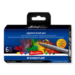Staedtler pigment brush pen 371 C6-9 Basic Colours hanging box in the Artist Series design, number 6 on the front and swatches 1, 2, 3, 5, 76 and 99 along the bottom