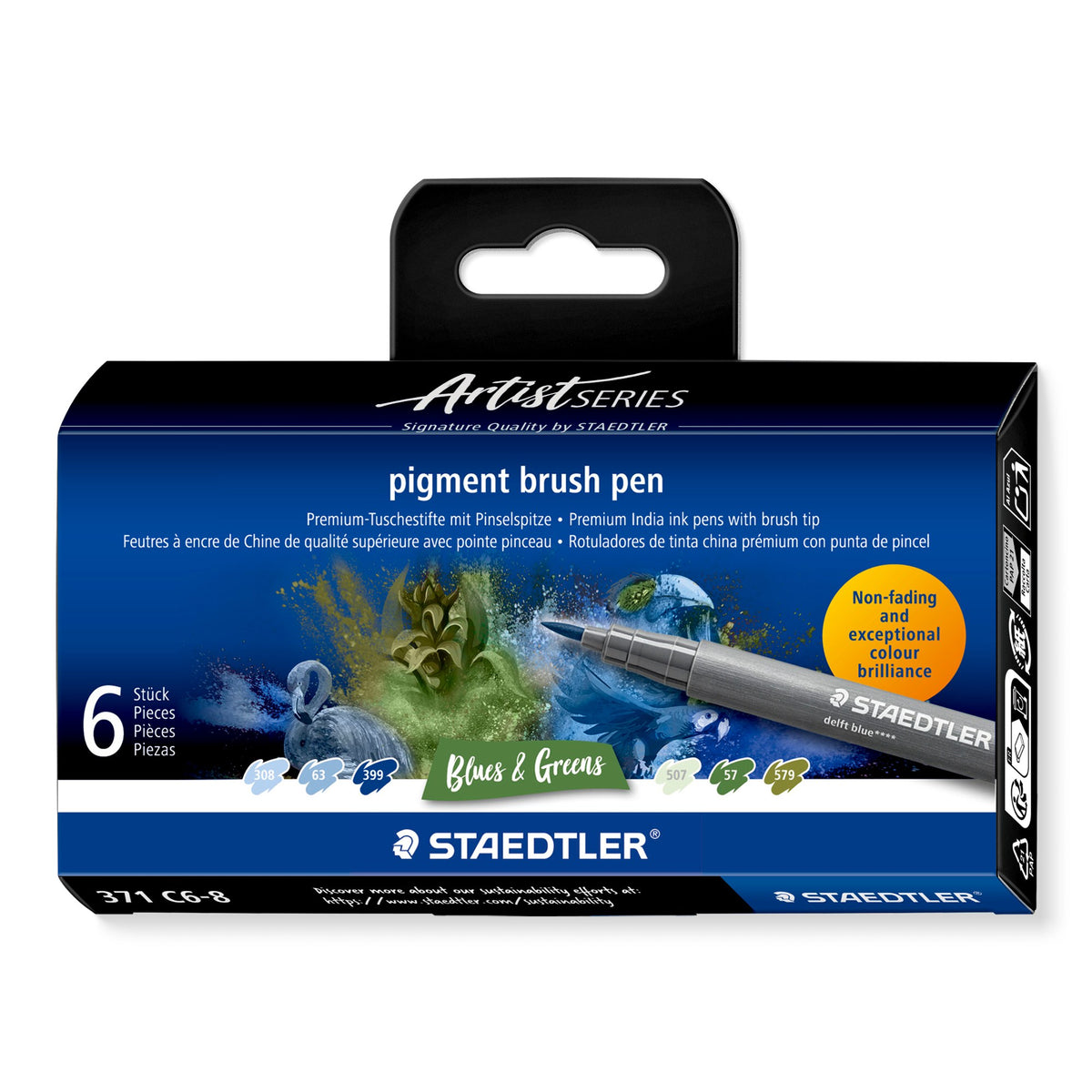 Staedtler pigment brush pen 371 C6-8 Blues and Greens hanging box in the Artist Series design with a delft blue pen and swatches 308, 63, 399, 507, 57 and 579